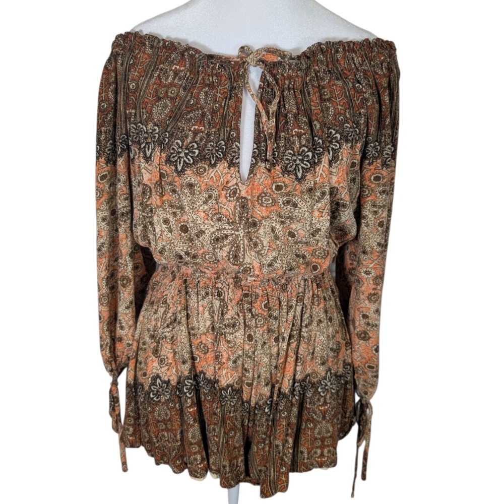 Free People Boho Paisley Off The Shoulder Romper Brown Orange Medium